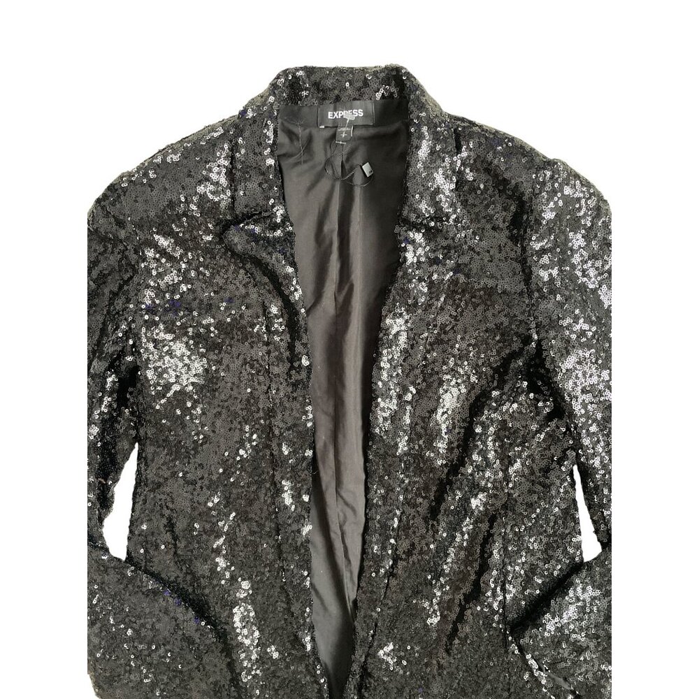 Express Sequin Blazer Women's Small Longline Black Open Front Lined Glam Club - Picture 3 of 8